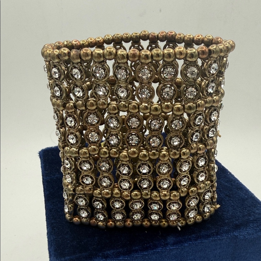 Vintage-Inspired Gold-Tone Crystal & bead multi row Stretch wide cuff Bracelet